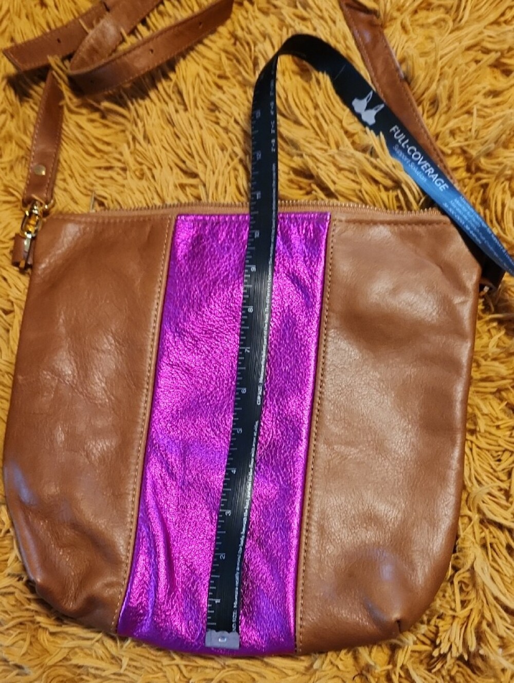 Women's Brown Leather Crossbody Bag with Metallic Pink Accent - Picture 9 of 9
